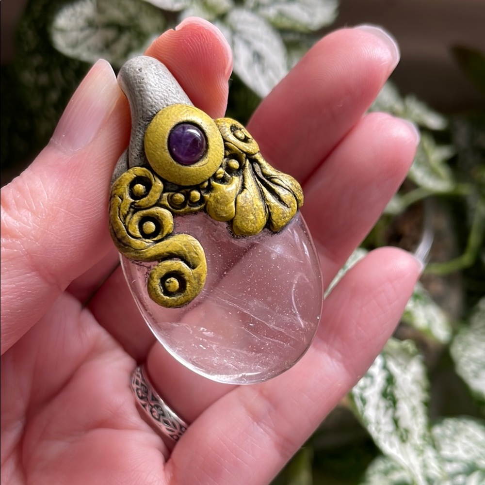 Clear quartz and amethyst polymer clay pendant necklace witchy boho new age
